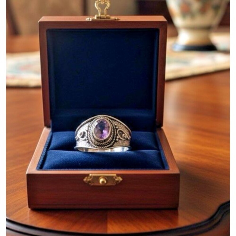 Sterling Silver Amethyst Statement Ring 925 Size 10 Ornate Vintage Style NEW